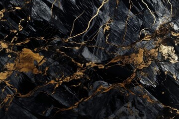Abstract black and white marble background with golden lines. Generative AI.