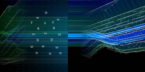 Abstract  background contain wavy grid wth dots in web with data on black. Big Data. Technology  wireframe interlacement concept in virtual space. Banner for business, science and technology.