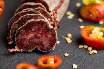 Sausage cut into pieces on the table