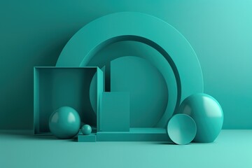  a blue abstract background with a set of plates and balls.  generative ai