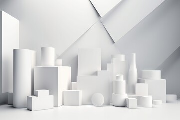  a group of white objects sitting on top of a white floor.  generative ai