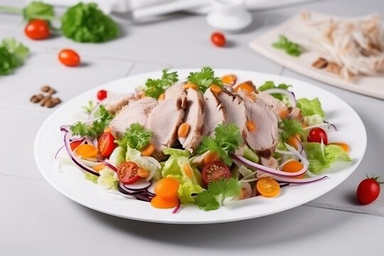  a white plate topped with a salad covered in meat and veggies.  generative ai