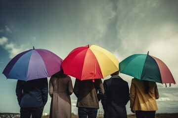 people under umbrellas of different colors against a cloudy sky, rear view.diversity concept. Generative AI