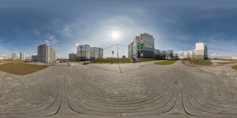 360 hdri panorama view with skyscrapers in new modern residential complex with high-rise buildings...