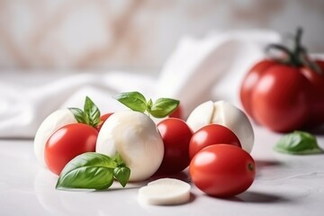  a group of tomatoes and mozzarella on a white surface.  generative ai