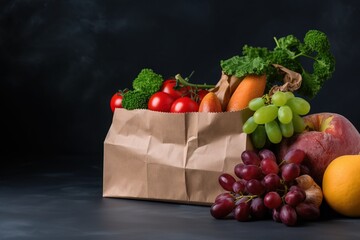 a bag full of fruits and vegetables on a dark background.  generative ai
