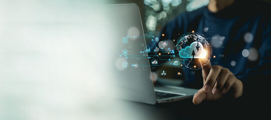 Business hand using  virtual popup icon of cloud computer Storage and data transfer Cloud network , Cloud technology. Networking and internet service concept.	
