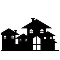 City illustration, roofs and chimneys, group of houses, vector icon, black silhouette