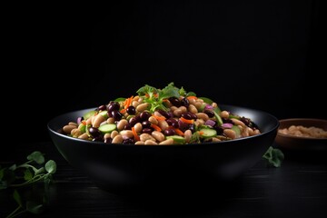  a bowl of beans and vegetables on a black table with a bowl of greens.  generative ai