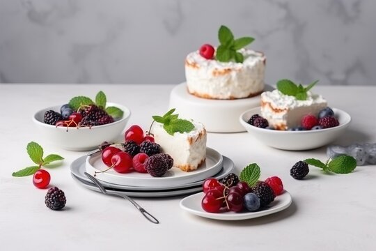  a white table topped with plates of cake and berries next to each other.  generative ai