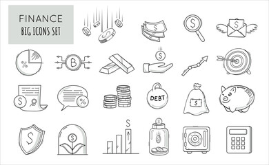 Fototapeta premium Finance and business doodle line icons collection. Money, cryptocurrency, dollar, piggy bank, contract, etc. Vector illustration.