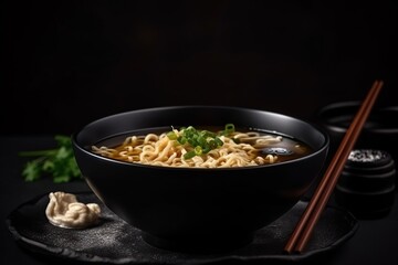  a bowl of noodles with chopsticks on a black plate.  generative ai