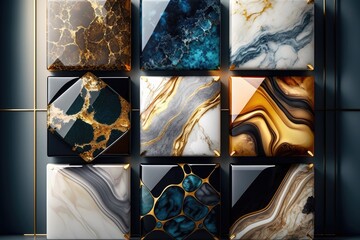 For interior abstract home decoration, high gloss marble backgrounds and ceramic granite tile surfaces are used. Generative AI