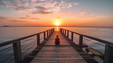Obraz premium Footbridge sea beach meditation journey calm hormone sunset sea yoga