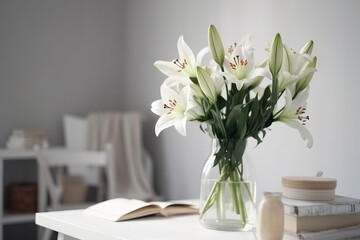  a vase of white flowers sitting on a table next to a book.  generative ai