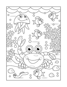 Coloring page with crab and underwater scene of sea life
