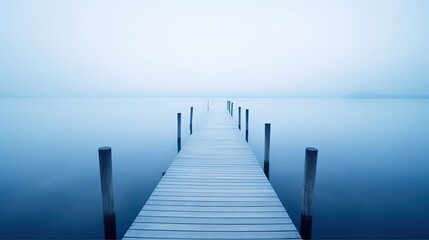 Blue walkway without railing to a lake in perspective disappearing in the fog, boat mooring poles on the sides, meditation, atmosphere, yoga