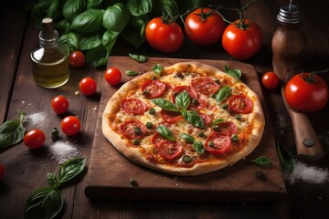  a pizza sitting on top of a wooden cutting board next to tomatoes.  generative ai