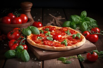 a pizza sitting on top of a wooden cutting board next to tomatoes.  generative ai