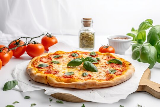  a pizza sitting on top of a white plate next to tomatoes.  generative ai