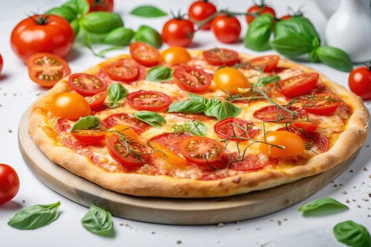  a pizza with tomatoes and basil on a cutting board surrounded by tomatoes.  generative ai