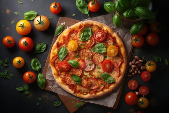  a pizza sitting on top of a cutting board next to tomatoes.  generative ai