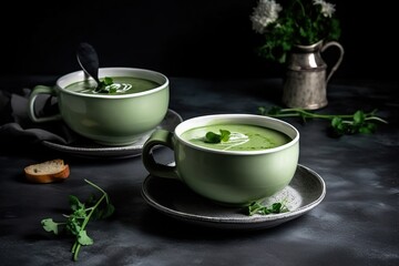 Obraz na płótnie Canvas a couple of cups of green soup on a plate with a spoon. generative ai