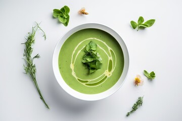  a bowl of green soup with herbs and herbs around it.  generative ai
