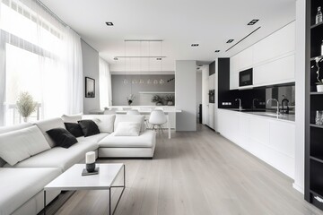 Fototapeta na wymiar a living room filled with white furniture and a large window. generative ai