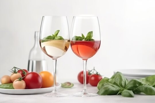  two wine glasses filled with different types of wine and vegetables.  generative ai