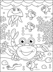 Fototapeta premium Coloring page with crab and underwater scene of sea life 