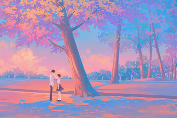 Japanese-inspired artwork of a couple surrounded by lush green trees near a serene lake, enjoying the beauty of nature and each other's company, Background Digital art.