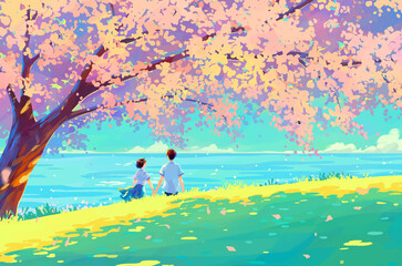 Japanese-inspired artwork of a couple surrounded by lush green trees near a serene lake, enjoying the beauty of nature and each other's company, Background Digital art.