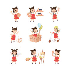 Set of little girl doing different activities. Kid learning about finance, reading book, playing cartoon vector illustration