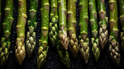 Fresh Asparagus seamless background, adorned with glistening droplets of water. Top down view. Food Advertising photography. Commercial photography. Ai generative
