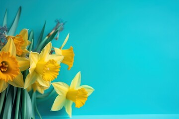  a bouquet of yellow daffodils on a blue background.  generative ai