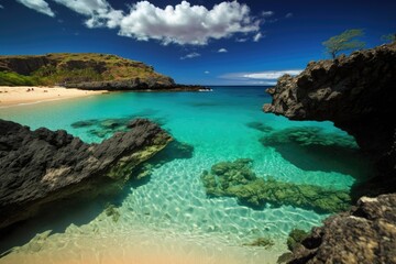 Fototapeta na wymiar A Hawaii beach offers calm, turquoise clear water for swimming and underwater snorkeling. Generative AI