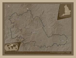 West Midlands Combined Authority, England - Great Britain. Sepia. Labelled points of cities