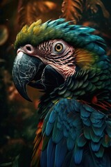  a colorful parrot is standing in front of a dark background.  generative ai