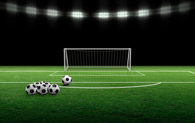 Soccer ball on green field in soccer field ready for game play