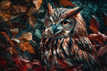  an owl is sitting in the leaves of a tree in the fall.  generative ai