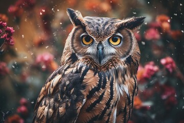  an owl is sitting on a branch in the snow with flowers in the background.  generative ai