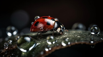 A ladybug in the water with a drop of water on the bottom.