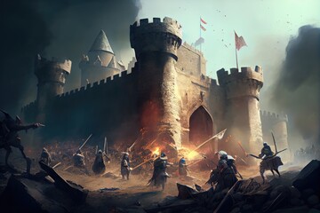 castle under siege, with soldiers hurling arrows and rocks at the invaders, created with generative ai