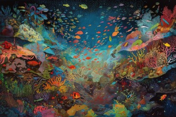 Naklejka na ściany i meble trippy underwater scene with schools of fish, coral reefs, and colorful marine life, created with generative ai