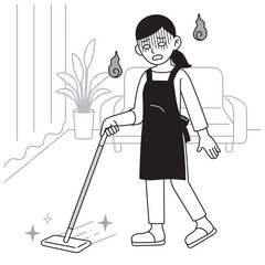 フローリングモップをかける主婦　ぐったり　モノクロ