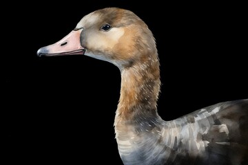  a painting of a duck on a black background with a pink beak.  generative ai