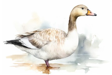 Naklejka na ściany i meble a watercolor painting of a duck standing on the water. generative ai