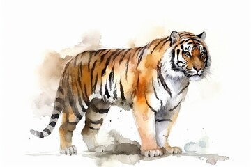  a watercolor painting of a tiger on a white background.  generative ai