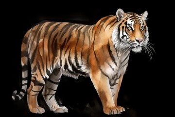  a painting of a tiger standing in the dark with a black background.  generative ai
